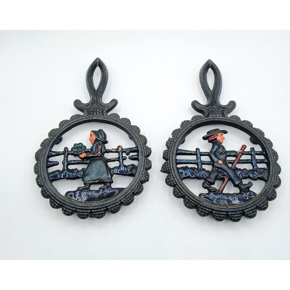 Vintage Cast Iron Amish Boy & Girl Trivets - Picture 1 of 5